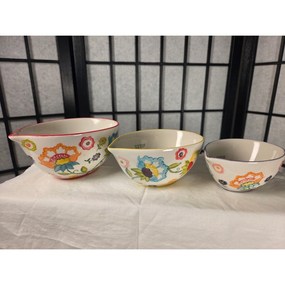Pier 1 Imports Floral Hand Painted Stoneware Measuring Prep Bowls Set of 3